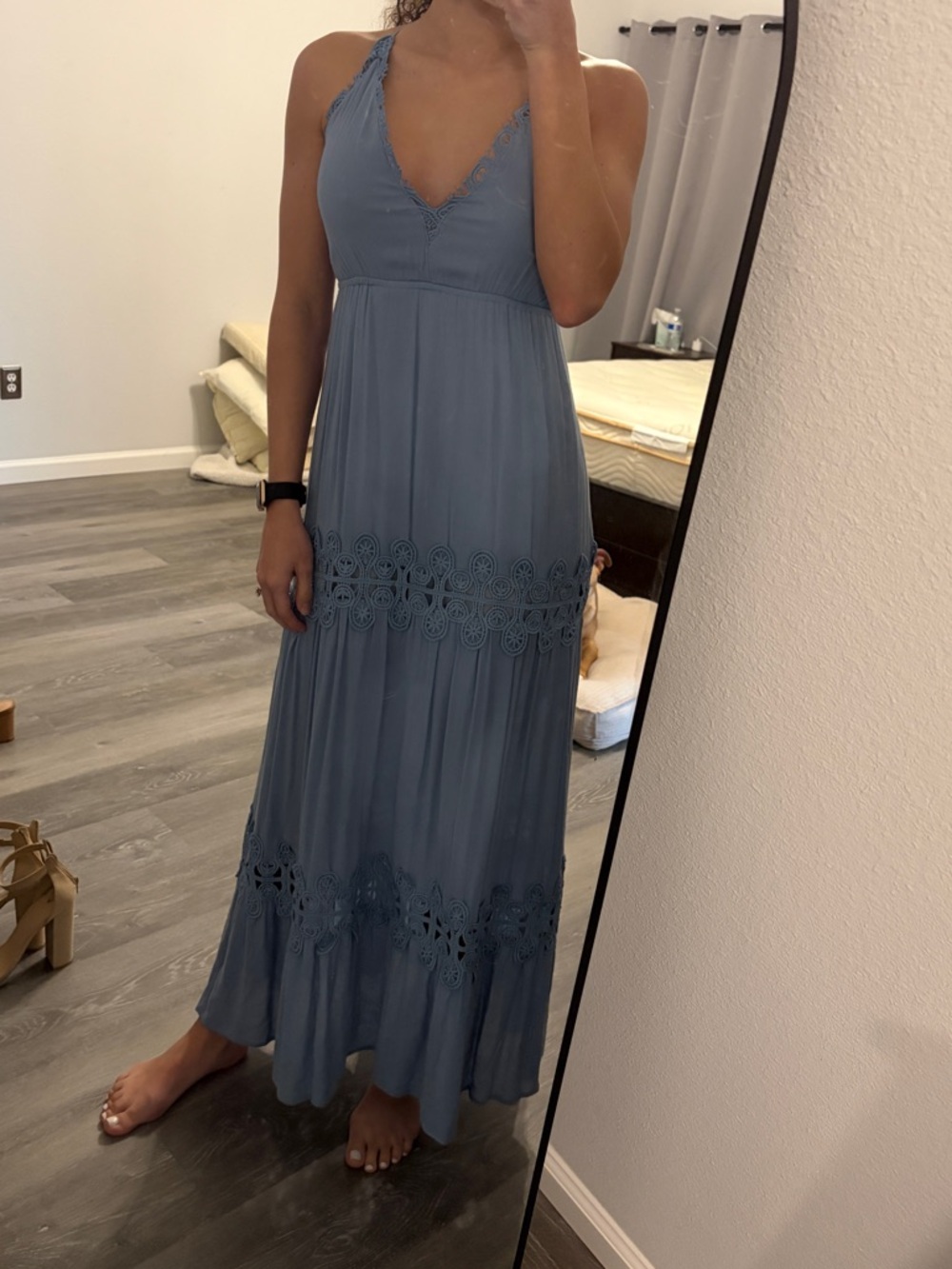 Ann Taylor Dusty Blue Halter Maxi Dress with Lace Insets